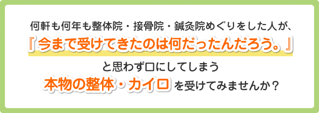 何軒も何年も整体院・接骨院・鍼灸院めぐりをした人が、『今まで受けてきたのは何だったんだろう。』と思わず口にしてしまう本物の整体・カイロを受けてみませんか?